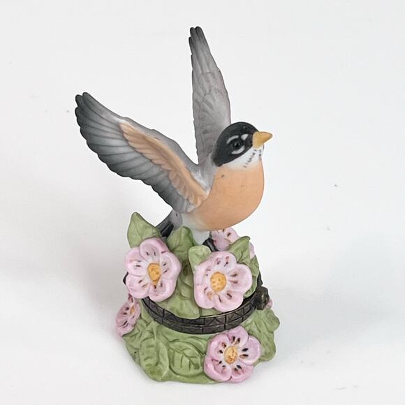 VTG Limited Edition Porcelain American Robin BIRD TRINKET BOX 3" Floral Figurine - Picture 9 of 9